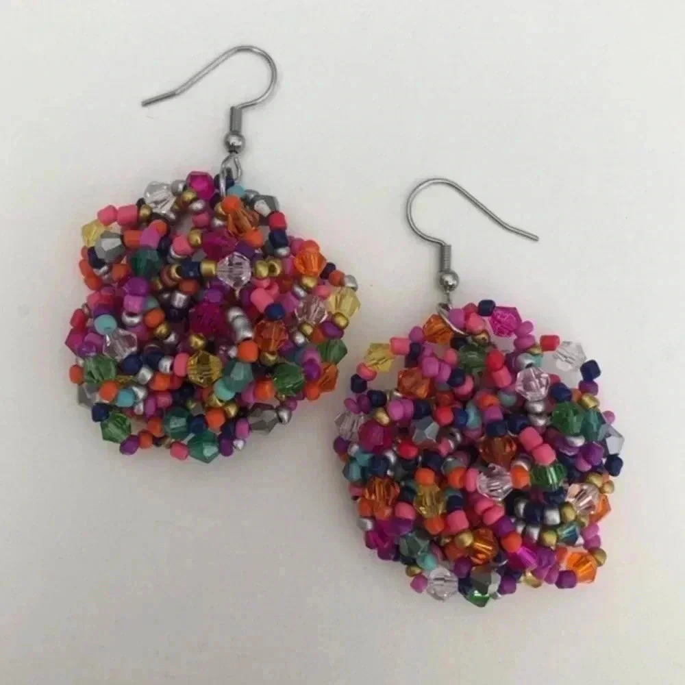 Multicolor Rainbow Flower Seed Bead Handmade Drop Earrings - Picture 2 of 4